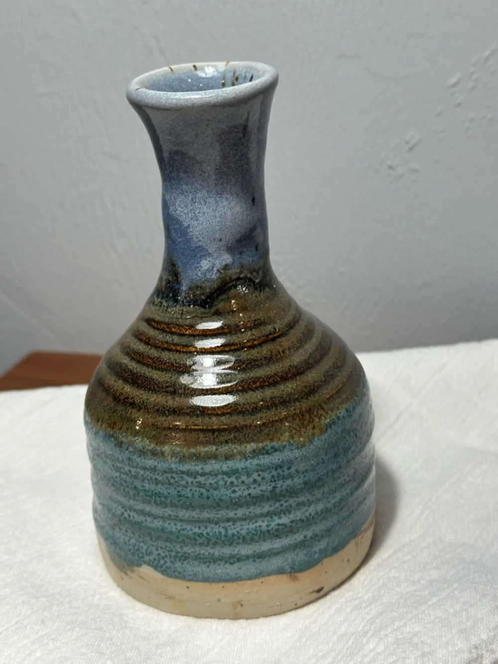 Signed Studio Pottery, Ceramic Bud Vase in Blue and Brown